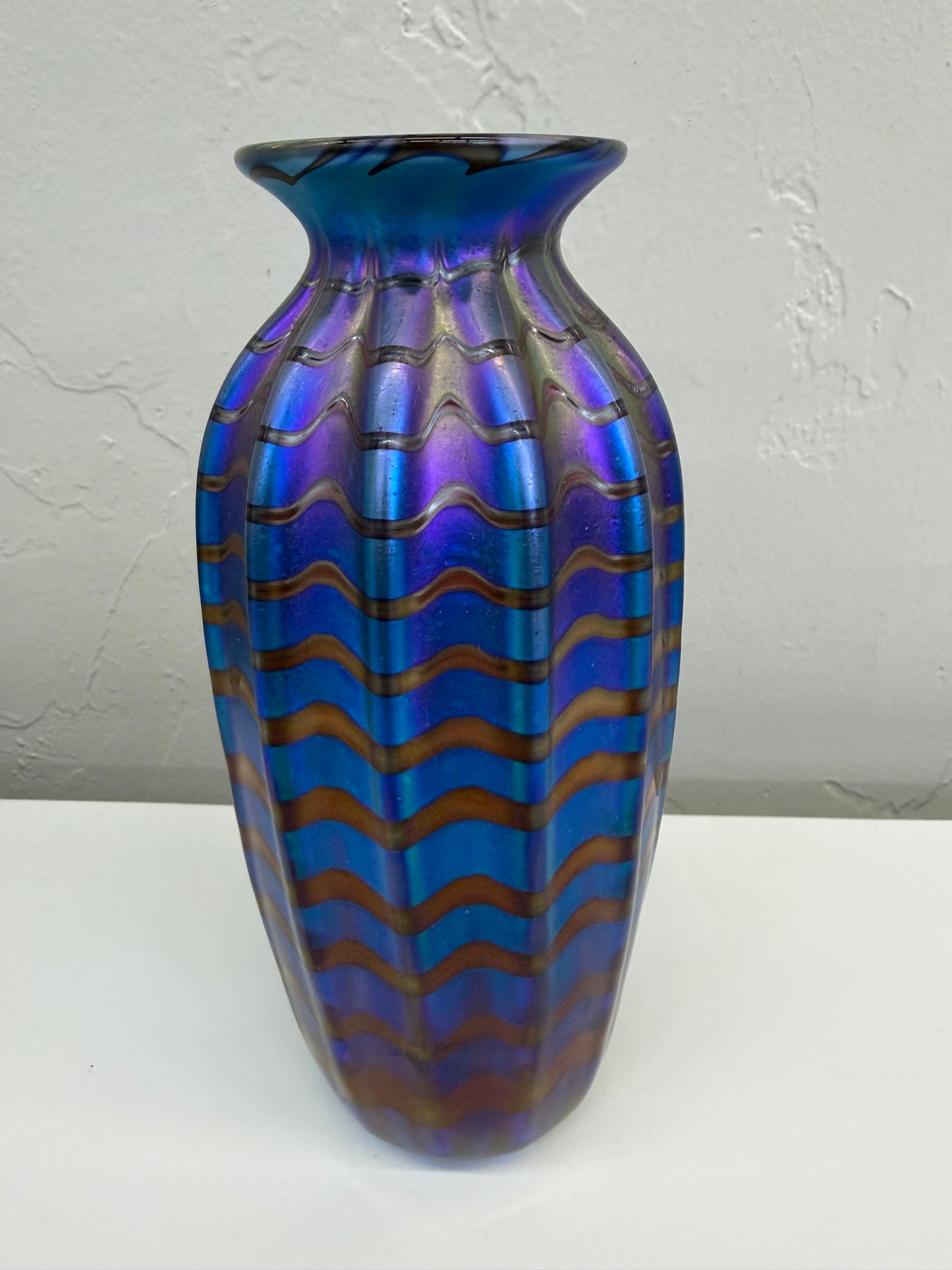 PV459 Blue Luster, Red Zig-Zag Vase