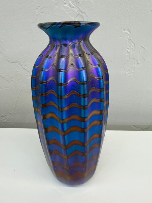 PV459 Blue Luster, Red Zig-Zag Vase